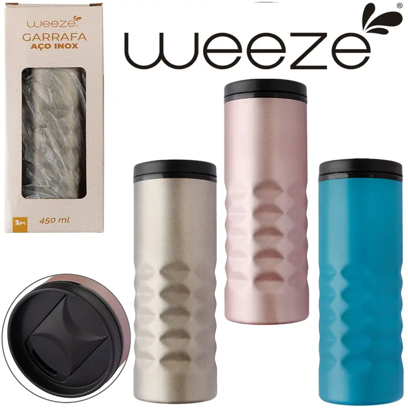 GARRAFA SQUEEZE DE INOX COM TAMPA DE PLASTICO WEEZE COLORS 450ML NA CAIXA