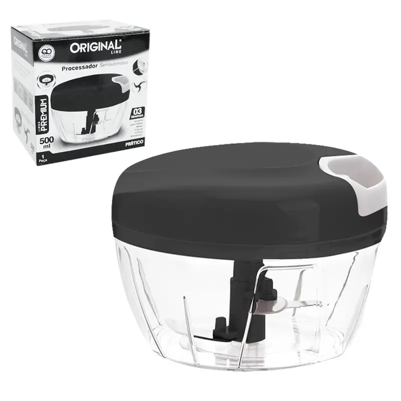 PROCESSADOR DE ALIMENTOS MANUAL A CORDA COM 3 LAMINAS DE INOX PREMIUM PRETO 500ML 9X13CM DE Ø