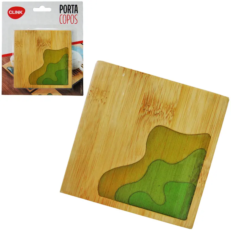 PORTA COPO DE MADEIRA / BAMBU QUADRADO COM RESINA 9CM NA CARTELA