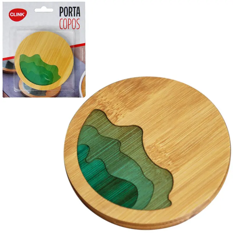 PORTA COPO DE MADEIRA / BAMBU REDONDO COM RESINA 9CM DE Ø NA CARTELA