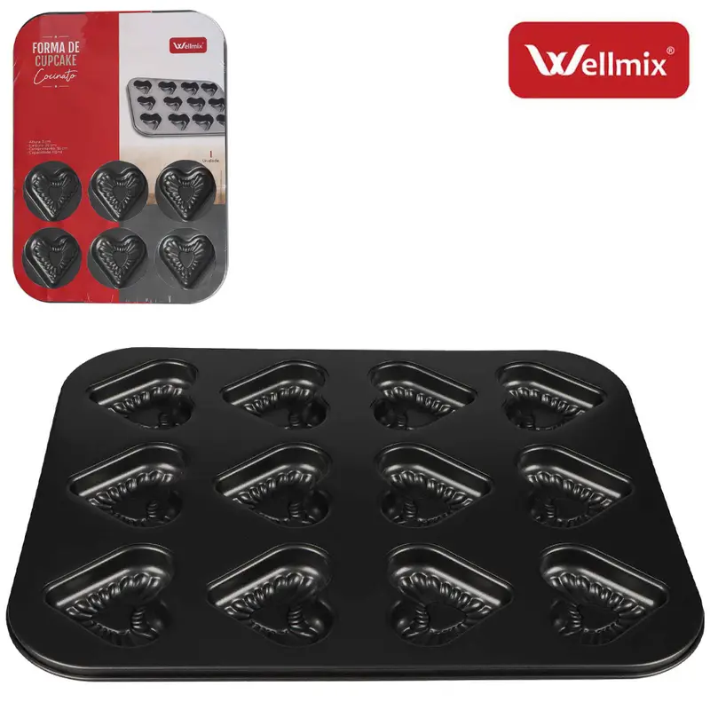 FORMA ASSADEIRA DE ACO CARBONO ANTIADERENTE PARA CUPCAKE CORACAO COCINATO 12 CAVIDADES 36X26CM