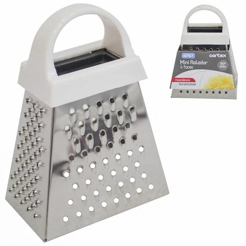 MINI RALADOR DE INOX 4 FACES COM ALCA DE PLASTICO BRANCO 3,5''