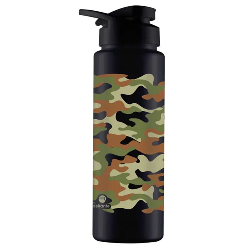 GARRAFA SQUEEZE DE PLASTICO PET SPORT CAMUFLADA COM TAMPA PRETA 750ML