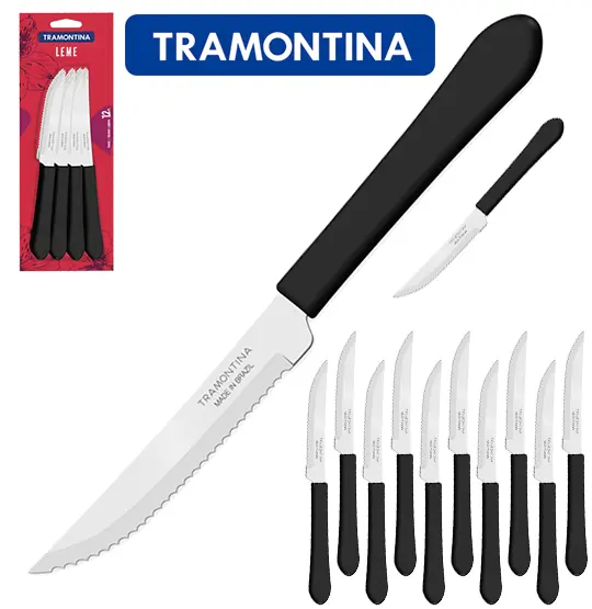 FACA DE CHURRASCO DE INOX CABO PRETO 12 PECAS 20CM