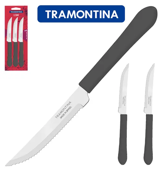FACA DE CHURRASCO DE INOX LINHA LEME CABO PRETO COM 3 PECAS
