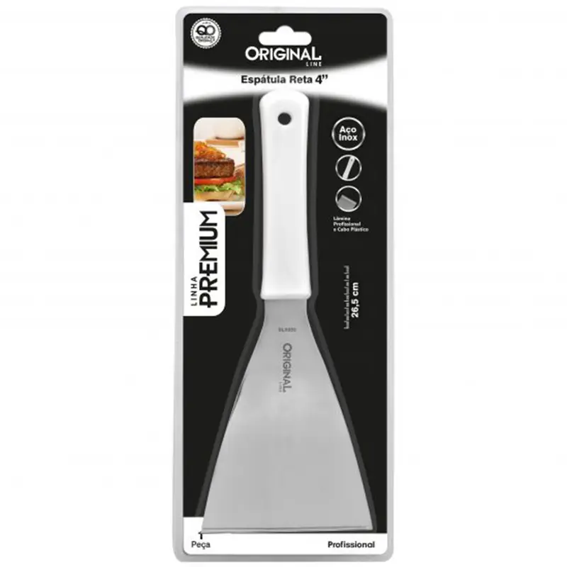ESPATULA DE COZINHA RETA DE INOX CABO PLASTICO BRANCO PREMIUM 4'' 24,5CM NA CARTELA