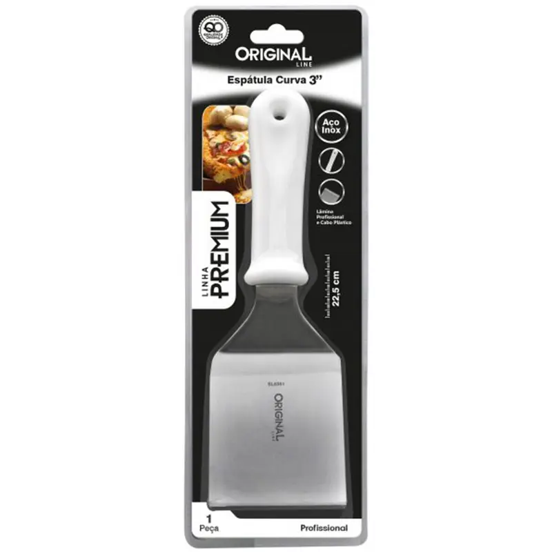 ESPATULA DE COZINHA DEGRAU DE INOX CABO PLASTICO BRANCO PREMIUM 3'' 26CM NA CARTELA