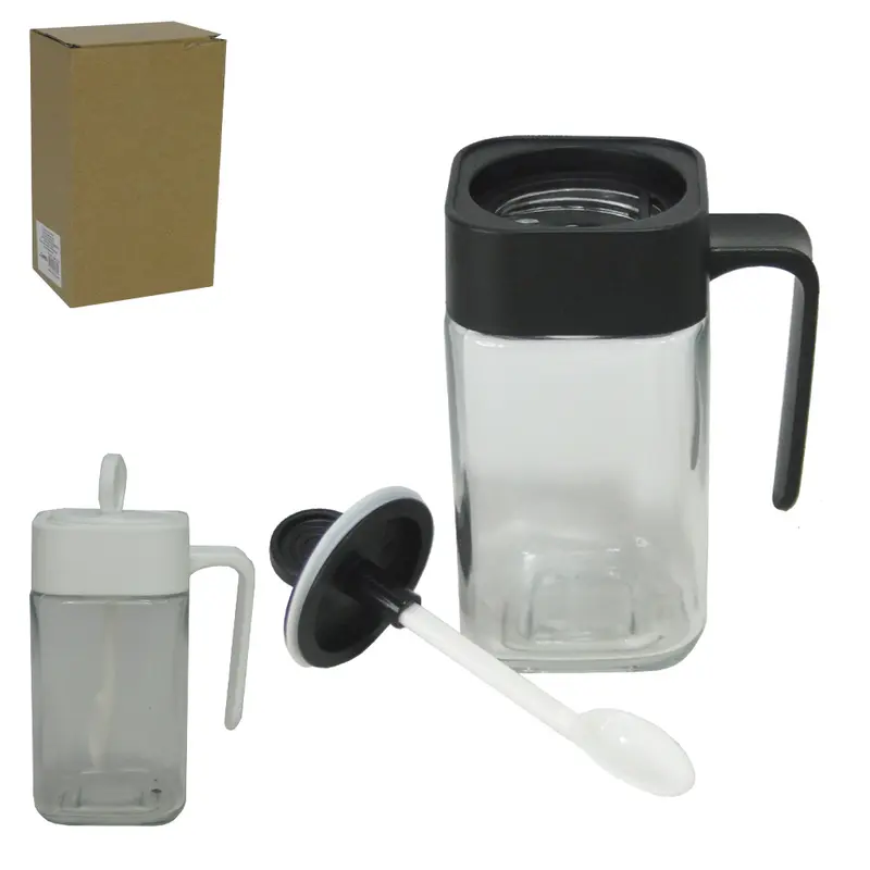 ACUCAREIRO / PORTA CONDIMENTO DE VIDRO COM COLHER + ALCA E TAMPA DE PLASTICO 280ML