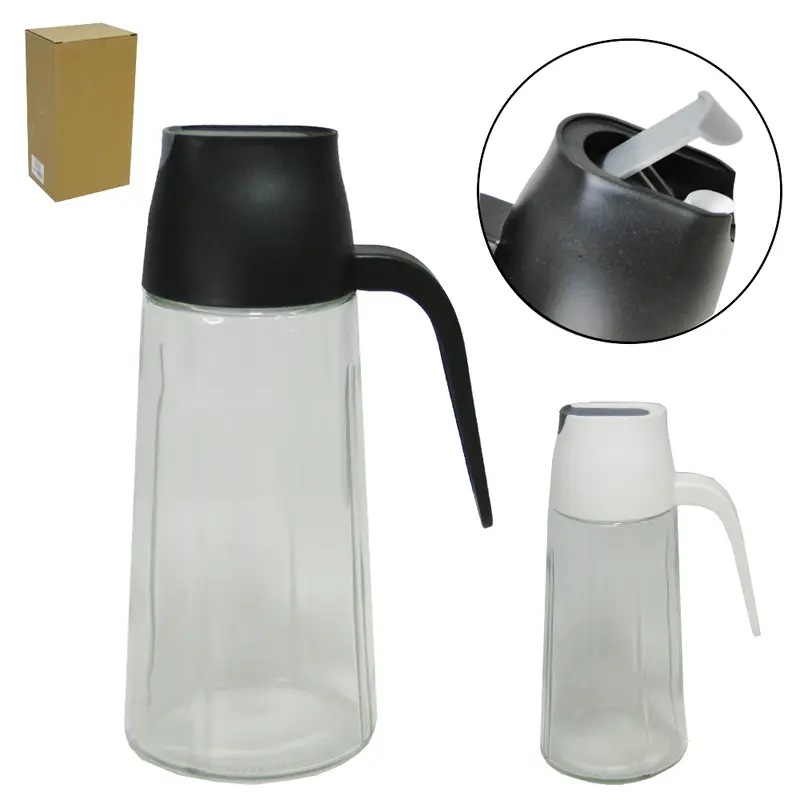 AZEITEIRO / VINAGREIRO DE VIDRO COM TAMPA + ALCA DE PLASTICO PRETO / BRANCO 610ML