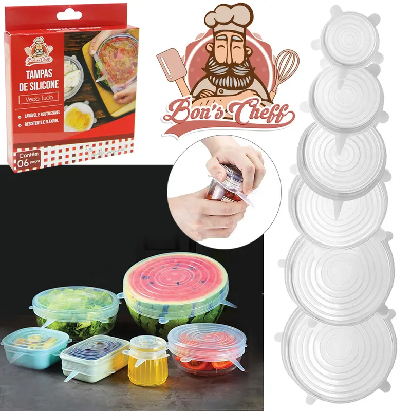 TAMPA DE SILICONE COM 6 PECAS 7/10/12/15/17/20CM DE Ø BONS CHEFF NA CAIXA