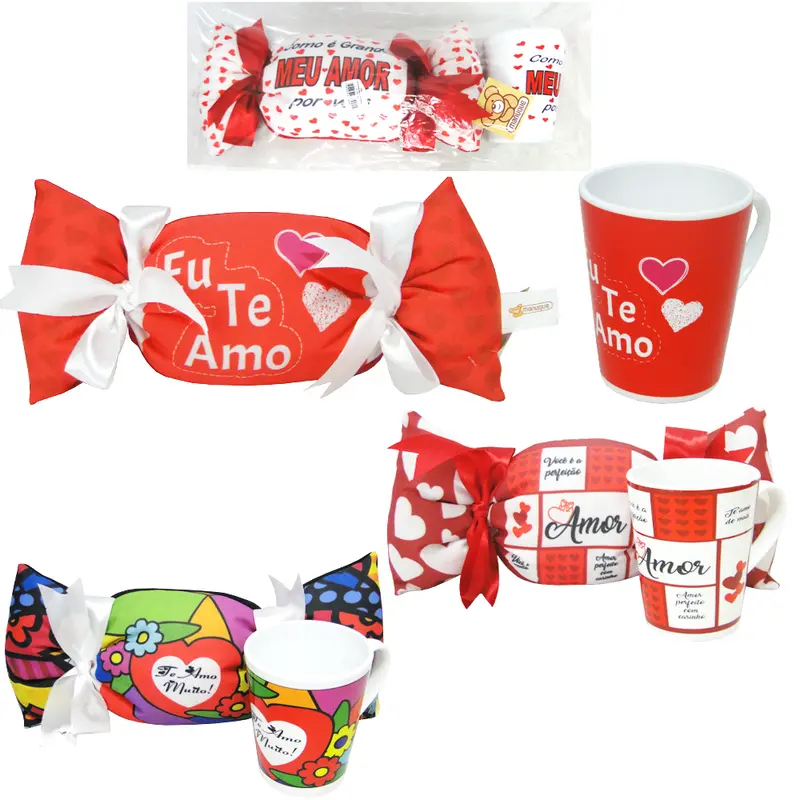 MINI ALMOFADA CHEIA DE POLIESTER BALA COM CANECA DE PLASTICO AMOR SORTIDAS 350ML