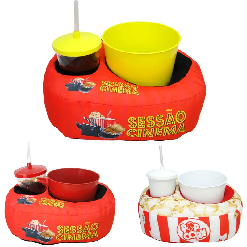 ALMOFADA CHEIA POLIESTER COM POTE BALDE DE PIPOCA + COPO TAMPA E CANUDO PLASTICO CINEMA