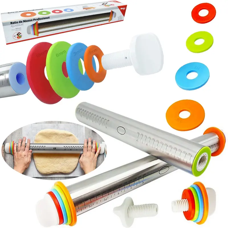 ROLO PARA MASSA DE INOX PROFISSIONAL AJUSTAVEL COM 8 DISCOS DE PLASTICO 43X6,5CM DE Ø NA CAIXA