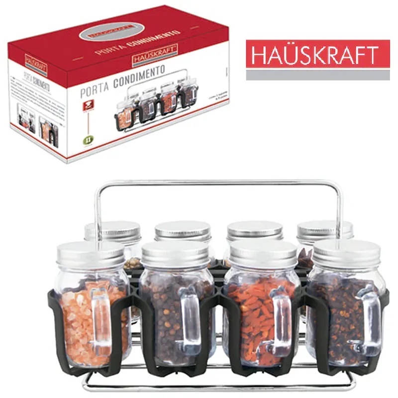 PORTA CONDIMENTO DE VIDRO BOROSSILICATO COM 8 PECAS 130ML + SUPORTE ARAMADO HAUSKRAFT