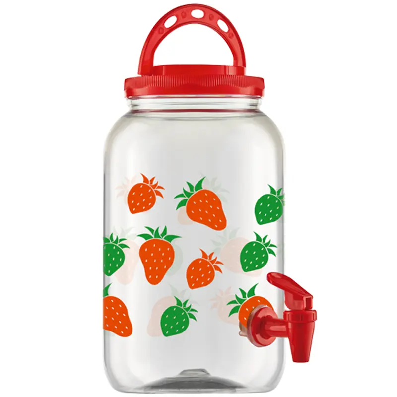 SUQUEIRA DE PLASTICO DECORADA MORANGO COM TORNEIRA E ALCA 3600ML