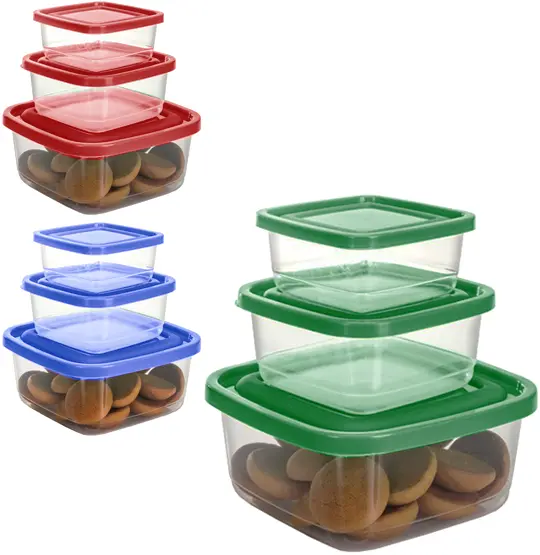 CONJUNTO DE POTE DE PLASTICO QUADRADO PRIME COM TAMPA COLORS 3 PECAS PMG (270/550/1300ML)