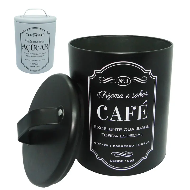 POTE DE LATA REDONDO PRETO / BRANCO PARA CAFE / ACUCAR COM TAMPA + ALCA 2,2L