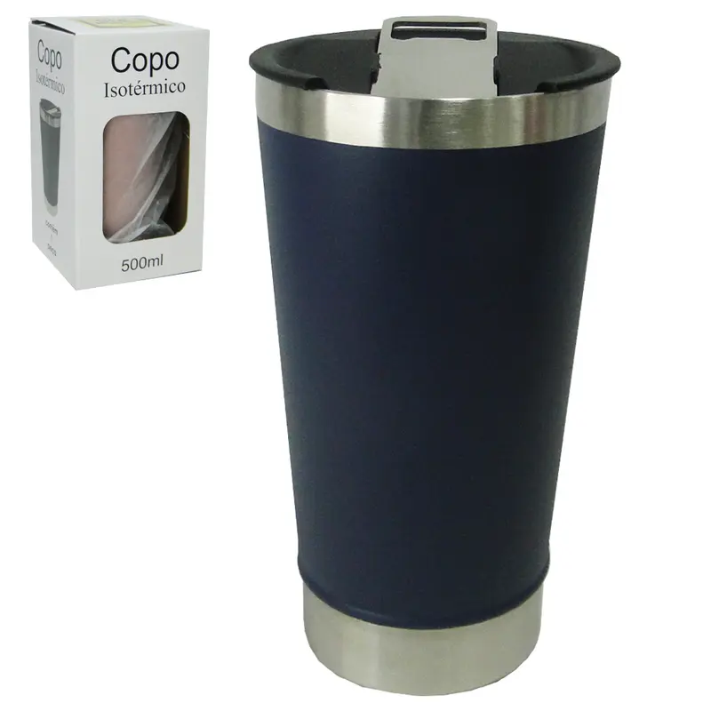 COPO TERMICO DE INOX COM PAREDE DUPLA + ABRIDOR DE GARRAFA E TAMPA DE PLASTICO 500ML