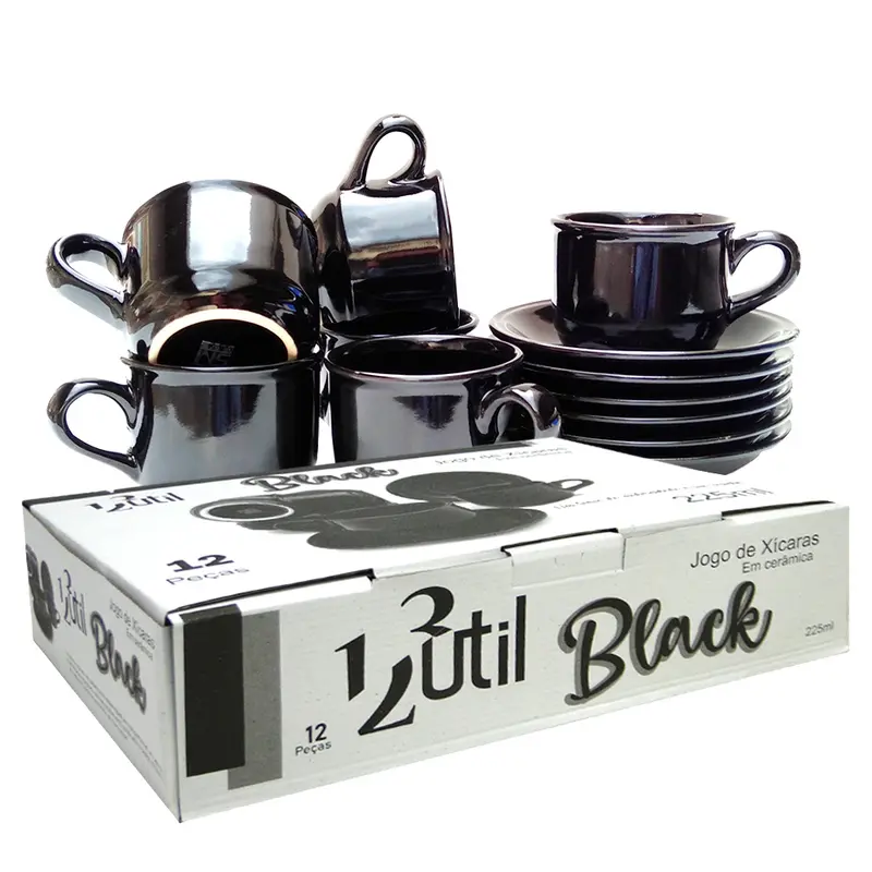 JOGO DE XICARA DE PORCELANA COM PIRES PARA CHA BLACK PRETO COM 12 PECAS 225ML NA CAIXA