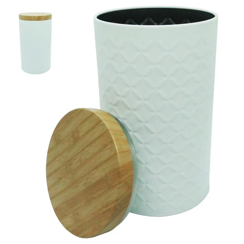 POTE DE LATA REDONDO BRANCO PARA MANTIMENTOS COM TAMPA TIPO MADEIRA / BAMBU 1550ML