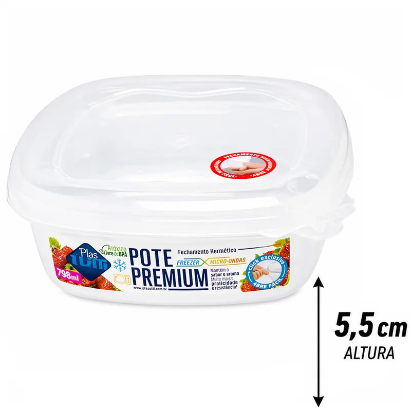 POTE ORGANIZADOR DE PLASTICO QUADRADO GRADUADO PREMIUM COM TAMPA COLORS 796ML