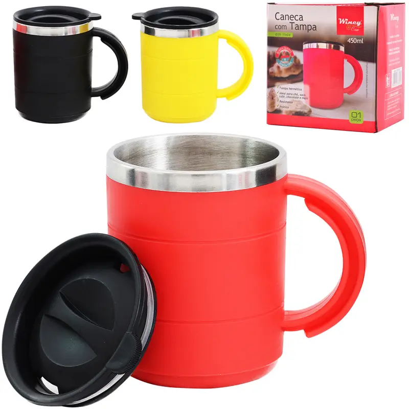 CANECA TERMICA DE INOX COM TAMPA DE PLASTICO 450ML
