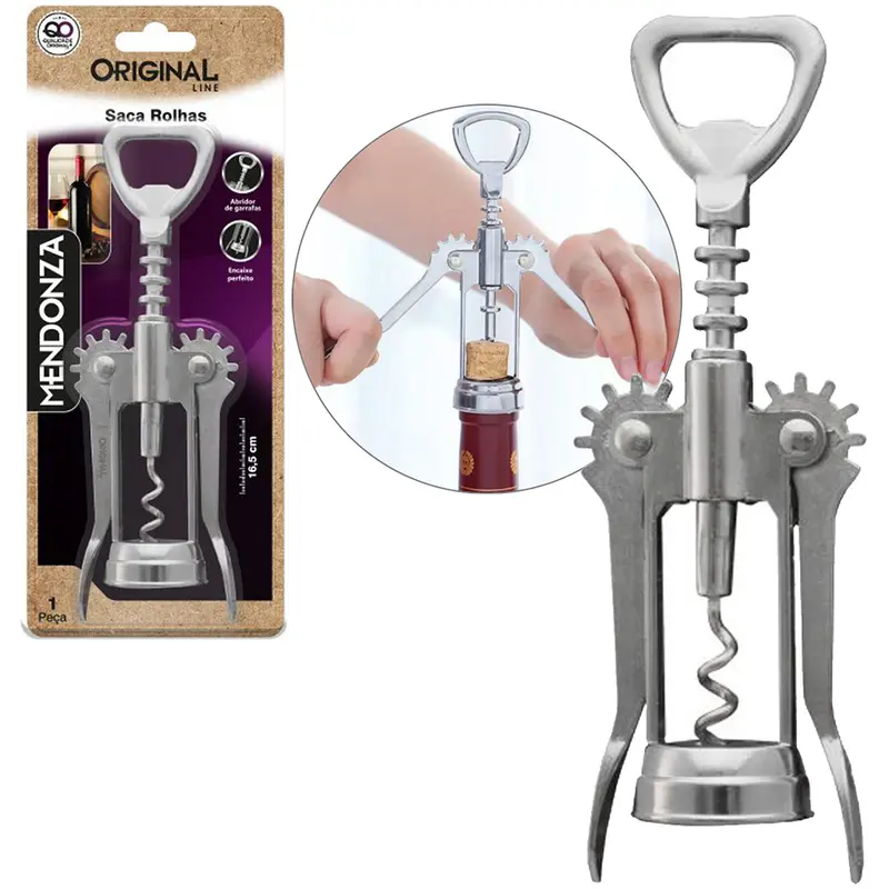 ABRIDOR DE GARRAFA / SACA ROLHA DE INOX 2 EM 1 MENDONZA 16,5CM NA CARTELA