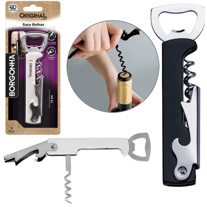 ABRIDOR DE GARRAFA / SACA ROLHA DE INOX 3 EM 1 BORGONHA PRETO/BRANCO 12X3,5CM NA CARTELA