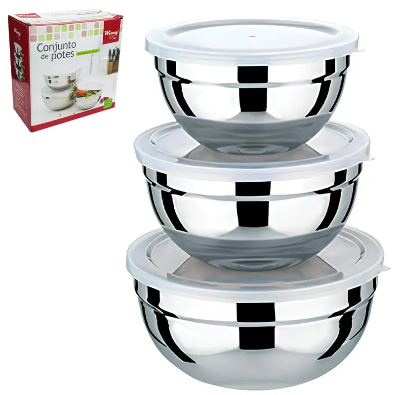 POTE / TIGELA DE INOX REDONDA COM TAMPA DE PLASTICO 3 PECAS 750/1150/1450ML