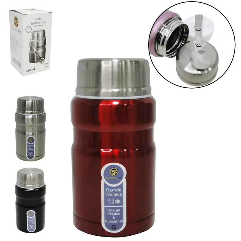 POTE TERMICO COM TAMPA + COLHER DOBRAVEL DE INOX 650ML NA CAIXA