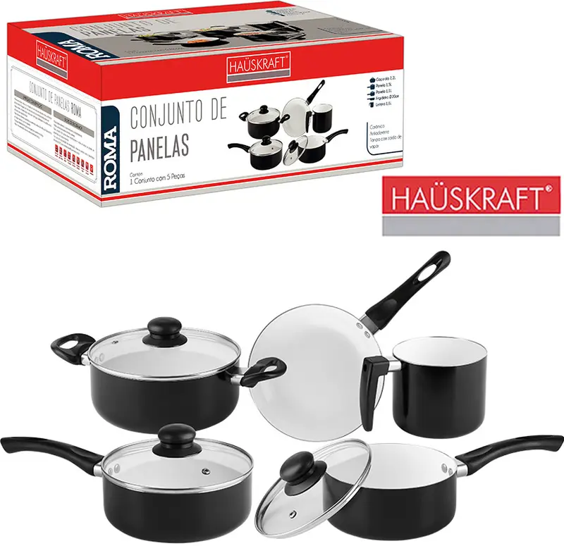 CONJUNTO DE PANELAS ANTIADERENTE COM TAMPA DE VIDRO ROMA HAUSKRAFT 5 PECAS