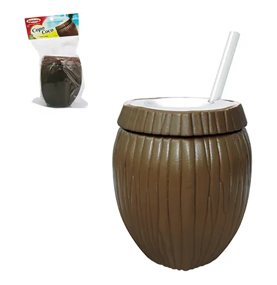 COPO COM TAMPA E CANUDO DE PLASTICO COCO MARROM 850ML