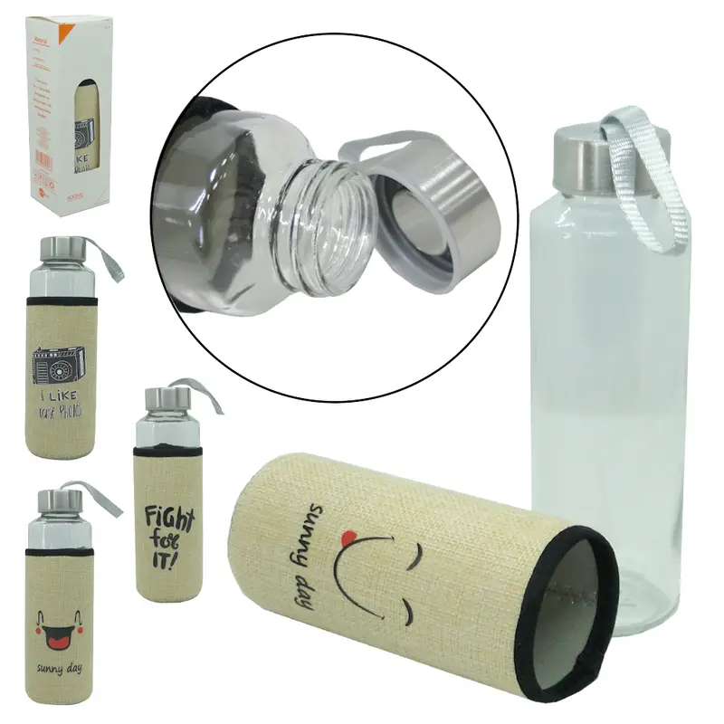 GARRAFA DE VIDRO COM TAMPA DE INOX + CAPA NEOPRENE FRASES SORTIDAS 400ML