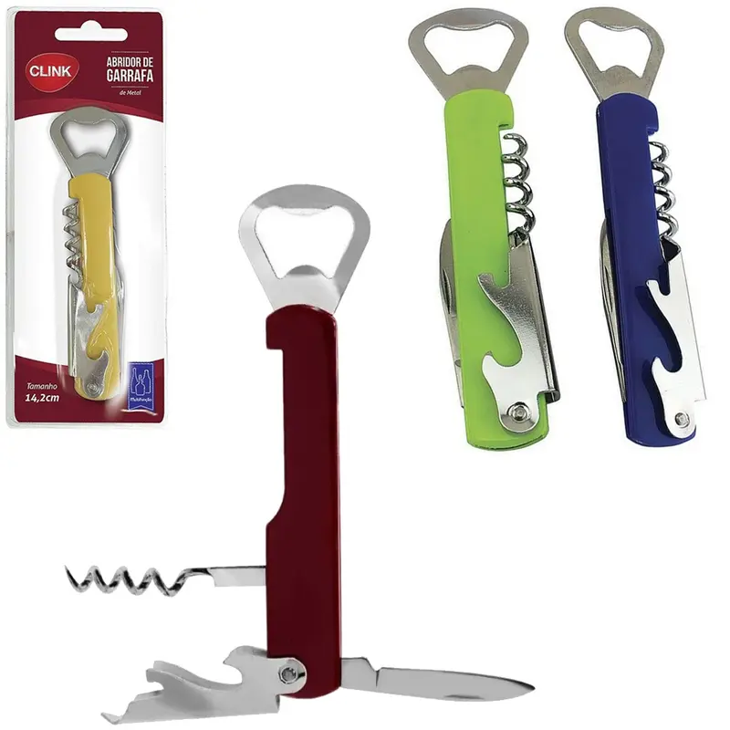 ABRIDOR DE GARRAFA / SACA ROLHA DE INOX COM CANIVETE 4 EM 1 14X3CM