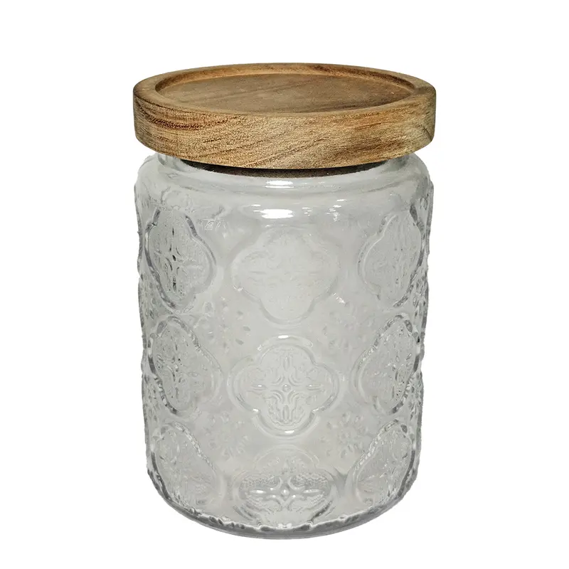 POTE DE VIDRO REDONDO COM TAMPA HERMETICA DE MADEIRA 700ML