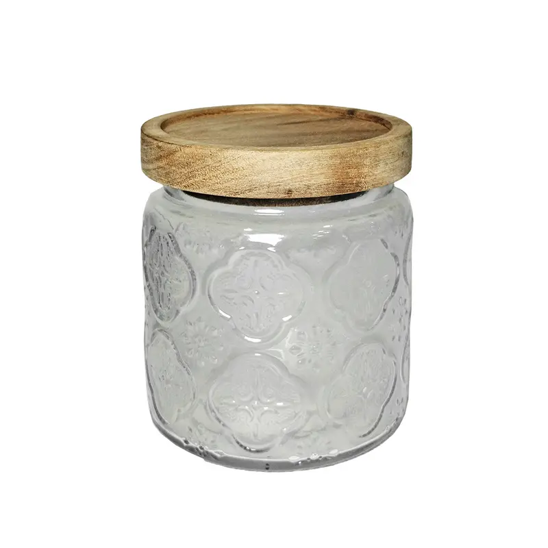 POTE DE VIDRO REDONDO COM TAMPA HERMETICA DE MADEIRA 500ML