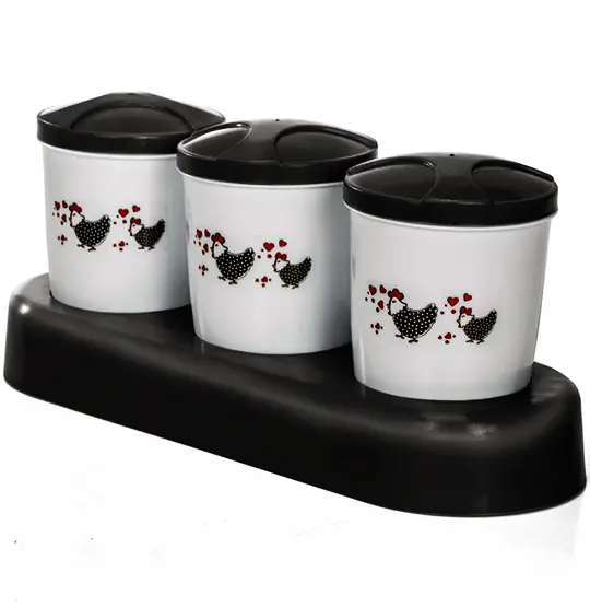 PORTA CONDIMENTO DE PLASTICO GALINHA COM 3 PECAS 180ML + SUPORTE