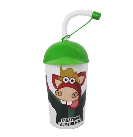 COPO COM TAMPA E CANUDO DE PLASTICO BONE FANATICOS PALMEIRENSES 400ML