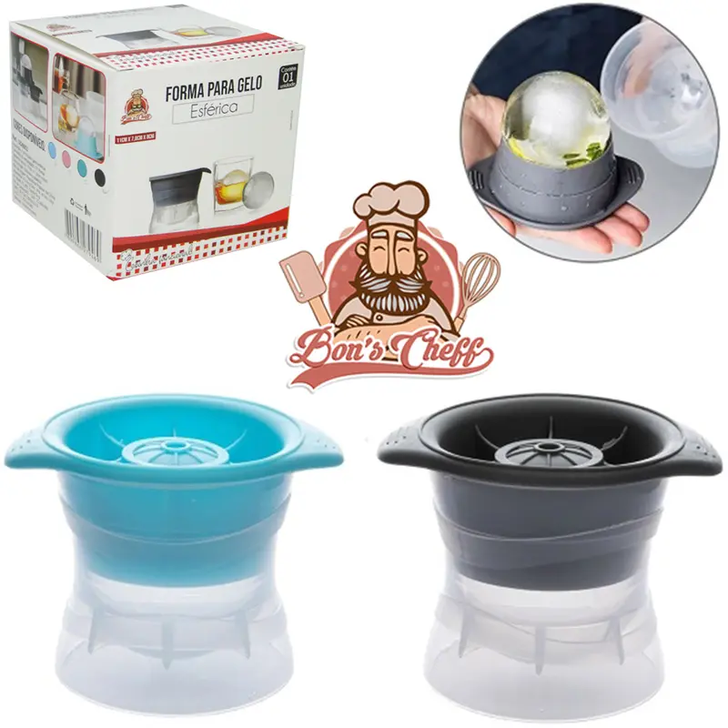 FORMA DE GELO BOLA ESFERICA DE PLASTICO COM TAMPA DE SILICONE COLORS 11X8X7,8CM DE Ø NA CAIXA