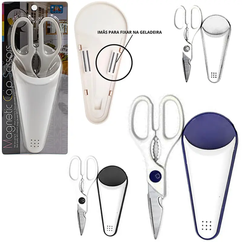 TESOURA DE COZINHA DE INOX 8'' 21CM MULTIUSO COM SUPORTE MAGNETICO CABO BRANCO