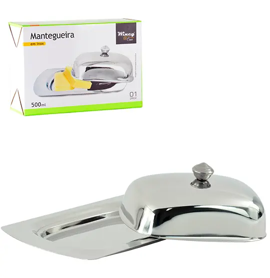 MANTEIGUEIRA DE INOX RASA COM TAMPA 19X13CM 500ML NA CAIXA