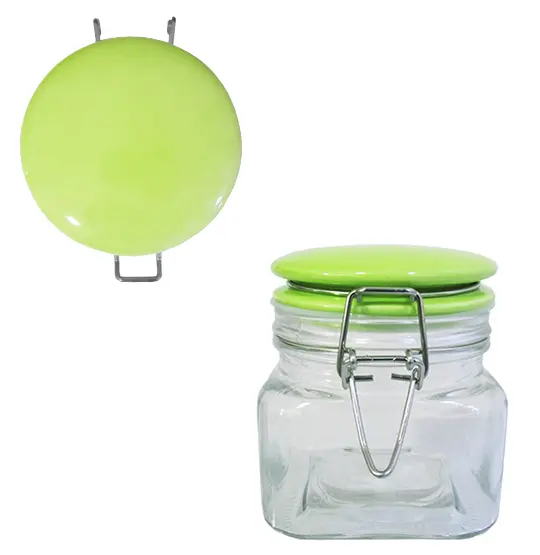 POTE DE VIDRO QUADRADO COM TAMPA HERMETICA VERDE E FECHO 550ML