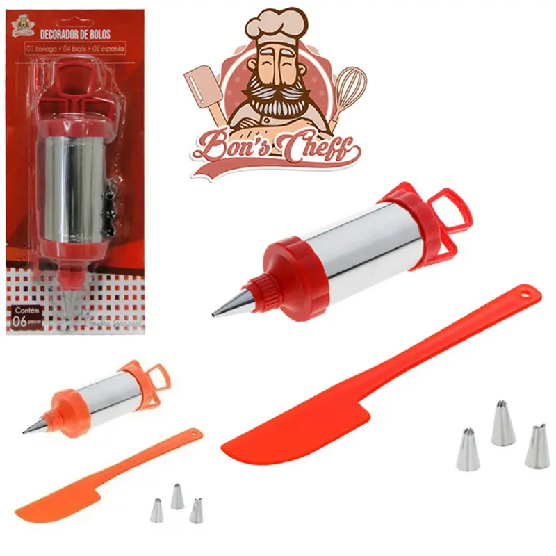 DECORADOR BOLO SERINGA DE PLASTICO / METAL PARA CONFEITAR COM 4 BICOS + ESPATULA DE PAO DURO BONS CHEFF