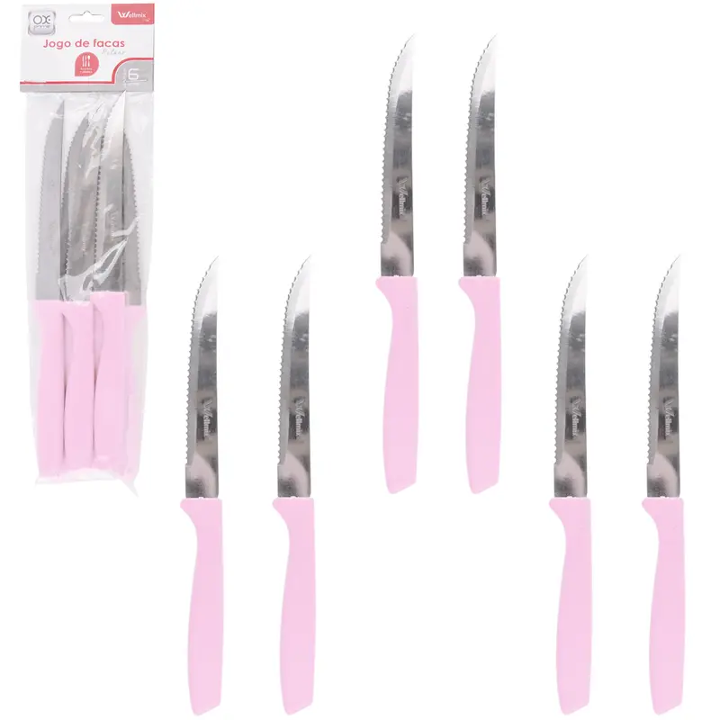 FACA DE MESA DE INOX CABO PLASTICO PALMAS ROSA OX PRIME 6 PECAS 21CM NA SOLAPA