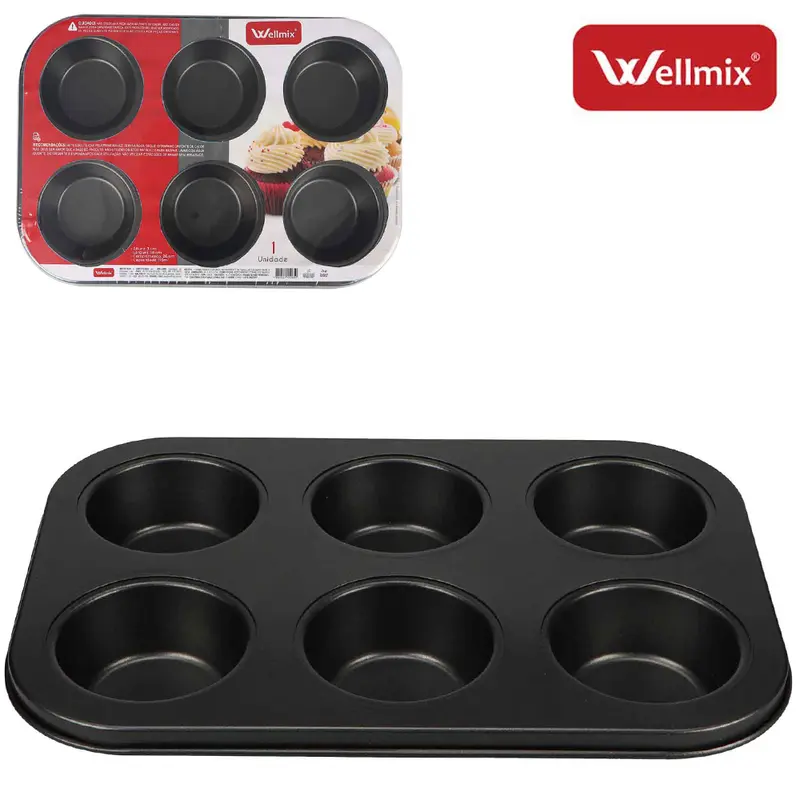 FORMA ASSADEIRA DE ACO CARBONO ANTIADERENTE PARA CUPCAKE COCINATO COM 6 CAVIDADES 26X18CM