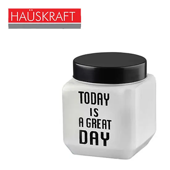 POTE DE VIDRO QUADRADO BRANCO TODAY IS A GREAT DAY TAMPA HERMETICA HAUSKRAFT 500ML