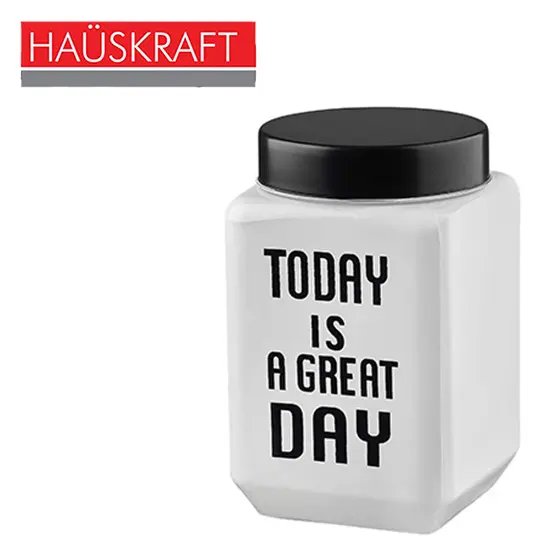 POTE DE VIDRO QUADRADO BRANCO TODAY IS A GREAT DAY TAMPA HERMETICA HAUSKRAFT 750ML