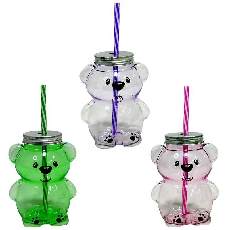 COPO COM TAMPA E CANUDO DE PLASTICO URSO TRANSCOLOR 400ML