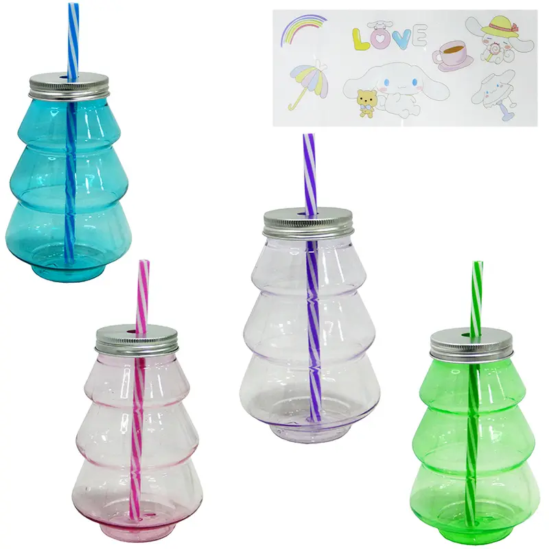 COPO COM TAMPA E CANUDO DE PLASTICO PINHEIRO TRANSCOLOR + ADESIVO 450ML