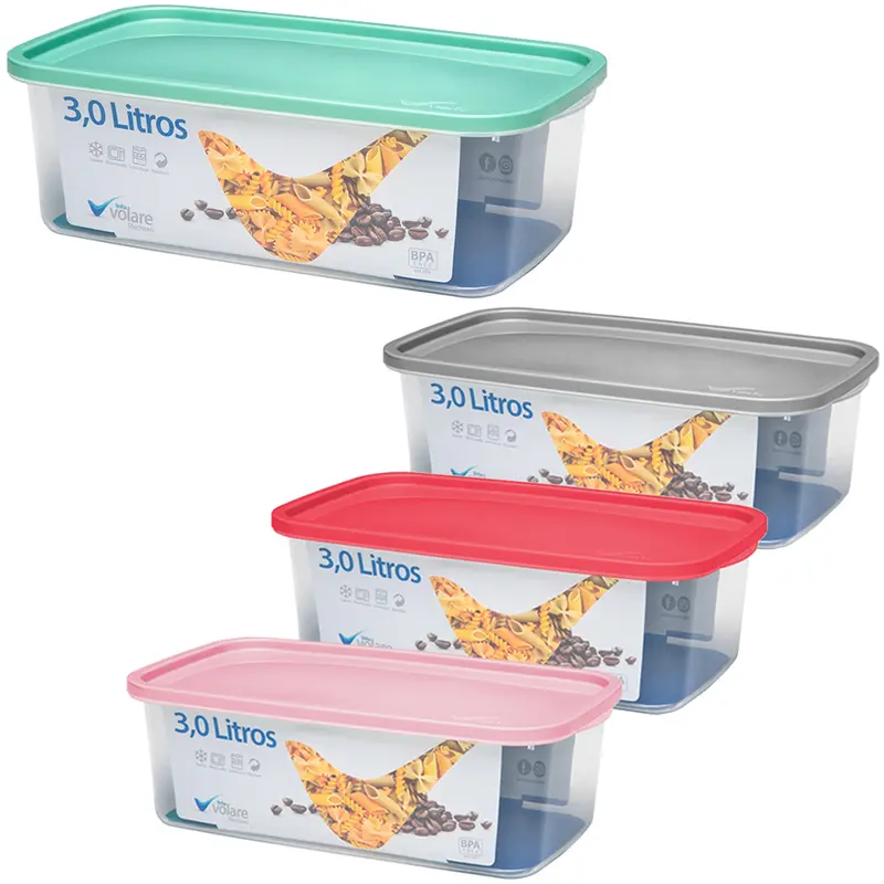 POTE DE PLASTICO RETANGULAR VOLARE COM TAMPA COLORS 3L
